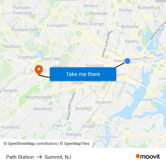 Path Station to Summit, NJ map