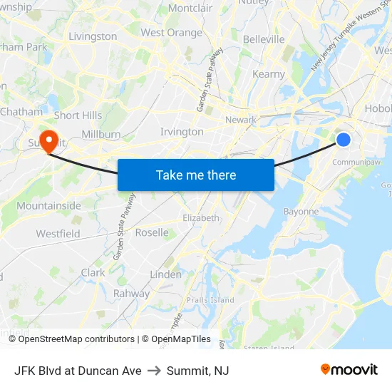 JFK Blvd at Duncan Ave to Summit, NJ map