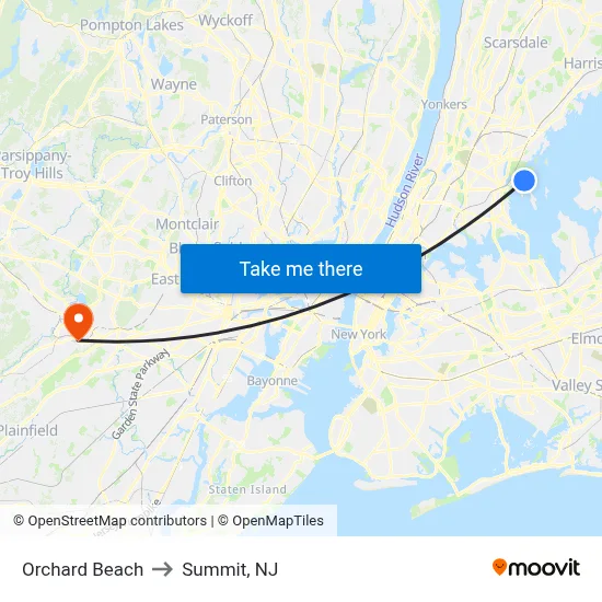 Orchard Beach to Summit, NJ map
