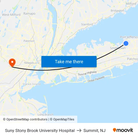Suny Stony Brook University Hospital to Summit, NJ map
