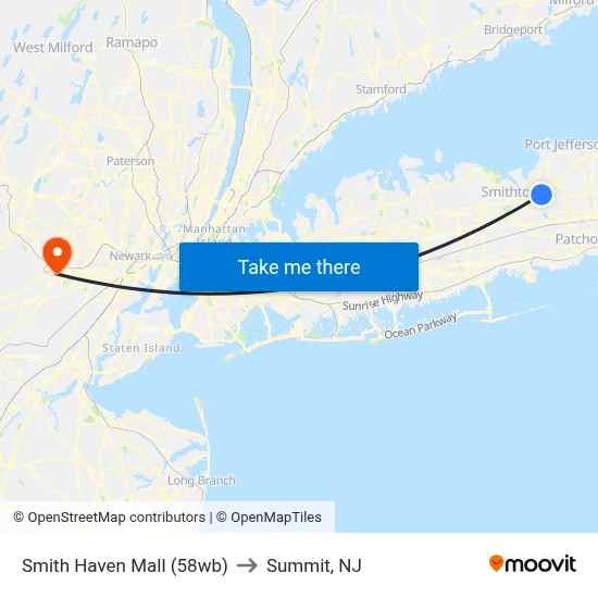 Smith Haven Mall (58wb) to Summit, NJ map