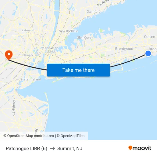Patchogue LIRR (6) to Summit, NJ map