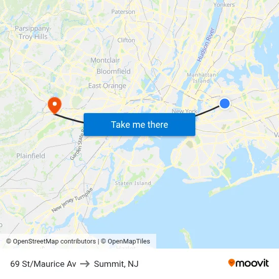 69 St/Maurice Av to Summit, NJ map
