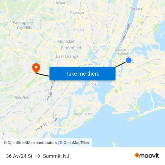 36 Av/24 St to Summit, NJ map