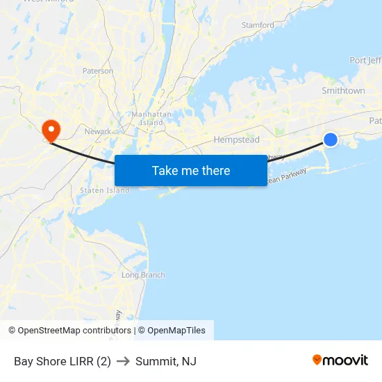 Bay Shore LIRR (2) to Summit, NJ map