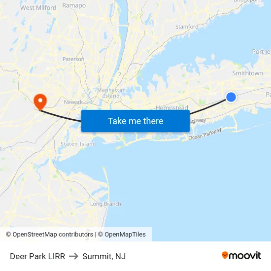 Deer Park LIRR to Summit, NJ map