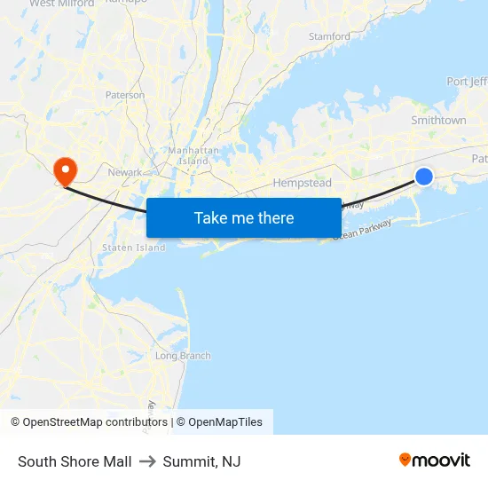 South Shore Mall to Summit, NJ map