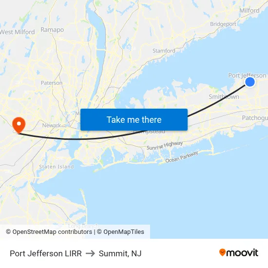 Port Jefferson LIRR to Summit, NJ map