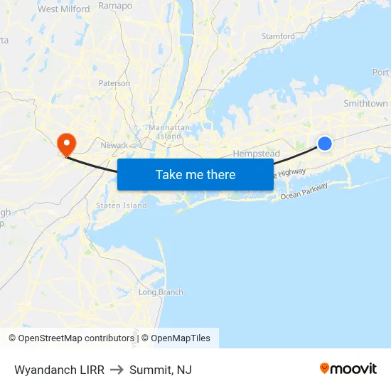 Wyandanch LIRR to Summit, NJ map