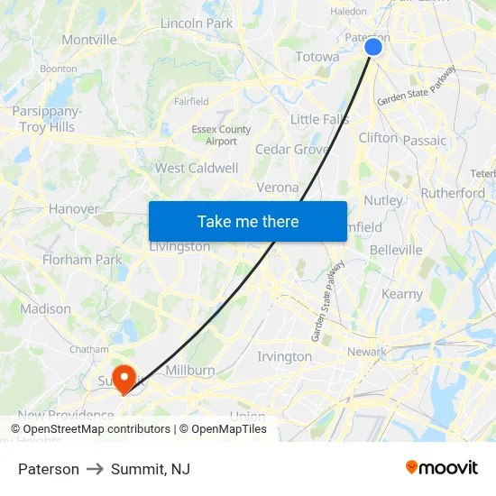 Paterson to Summit, NJ map
