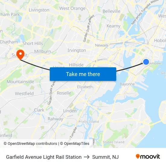 Garfield Avenue Light Rail Station to Summit, NJ map
