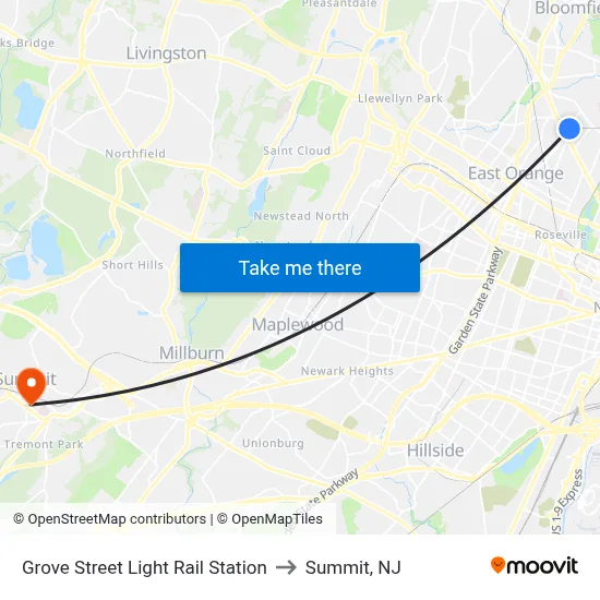 Grove Street Light Rail Station to Summit, NJ map