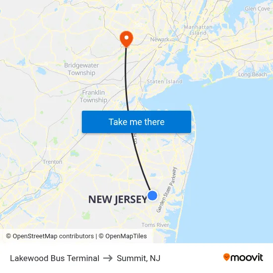 Lakewood Bus Terminal to Summit, NJ map