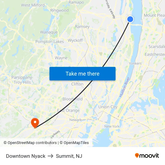 Downtown Nyack to Summit, NJ map