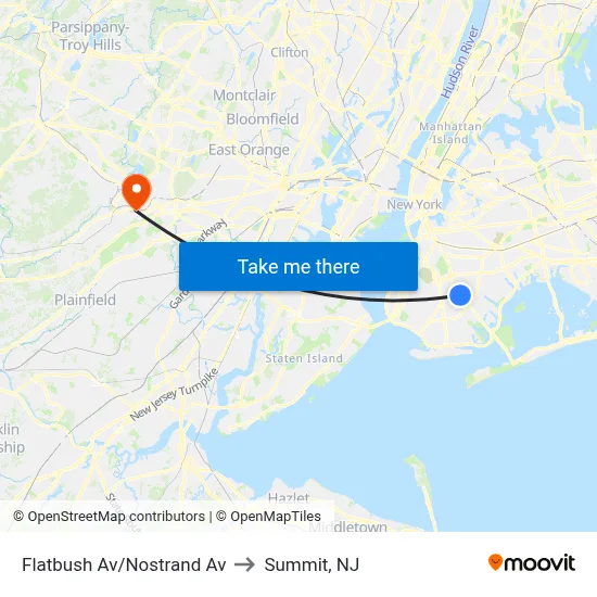 Flatbush Av/Nostrand Av to Summit, NJ map