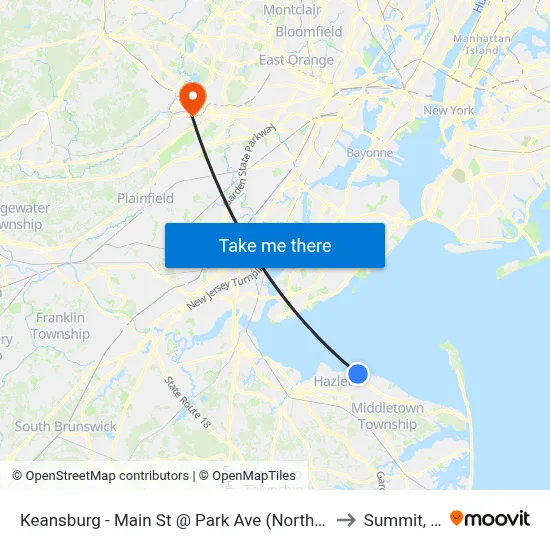 Keansburg -  Main St @ Park Ave (Northbound) to Summit, NJ map