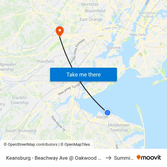 Keansburg -  Beachway Ave @ Oakwood Pl (Northbound) to Summit, NJ map