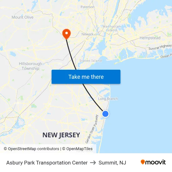 Asbury Park Transportation Center to Summit, NJ map