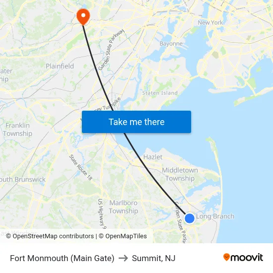 Fort Monmouth (Main Gate) to Summit, NJ map