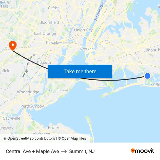Central Ave + Maple Ave to Summit, NJ map