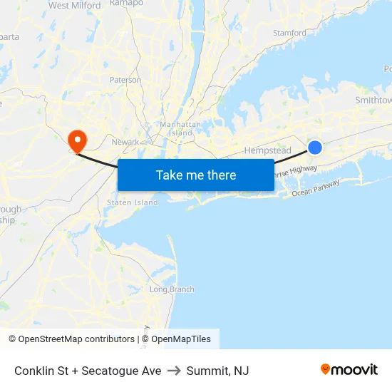 Conklin St + Secatogue Ave to Summit, NJ map