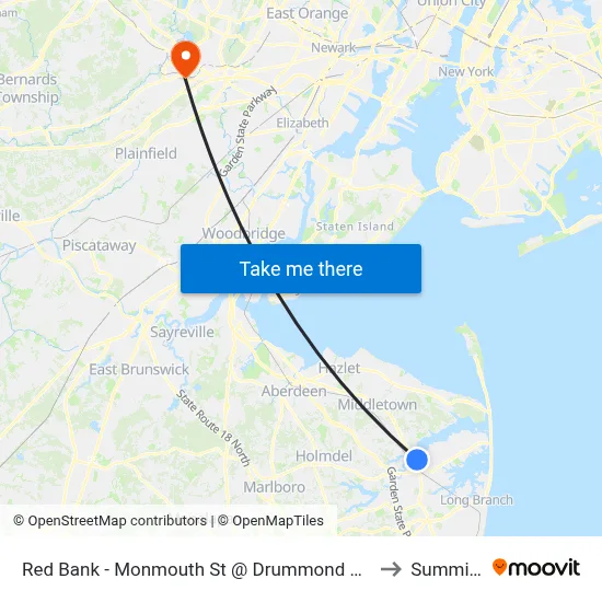 Red Bank - Monmouth St @ Drummond Pl (Southbound) to Summit, NJ map