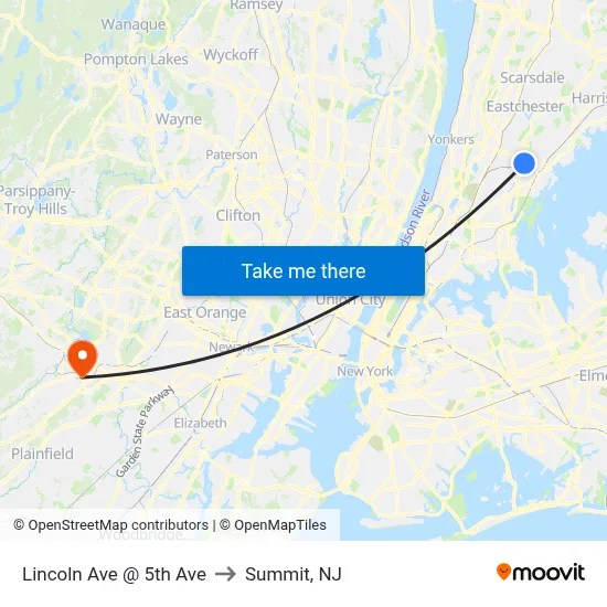 Lincoln Ave @ 5th Ave to Summit, NJ map