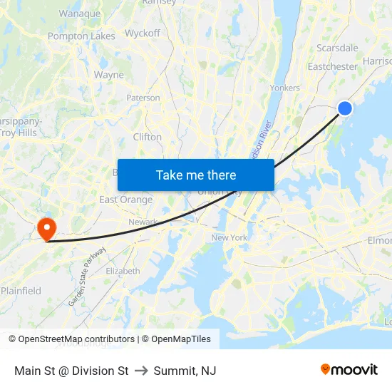 Main St @ Division St to Summit, NJ map
