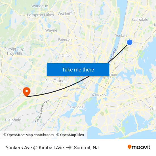 Yonkers Ave @ Kimball Ave to Summit, NJ map