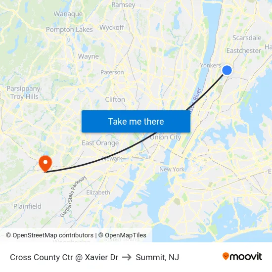 Cross County Ctr @ Xavier Dr to Summit, NJ map