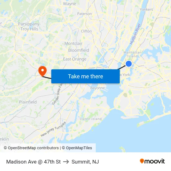 Madison Ave @ 47th St to Summit, NJ map