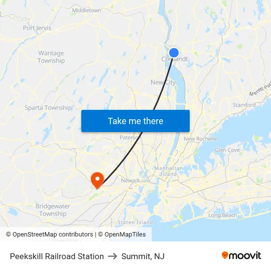 Peekskill Railroad Station to Summit, NJ map