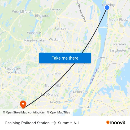 Ossining Railroad Station to Summit, NJ map