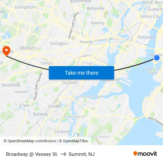 Broadway @ Vessey St. to Summit, NJ map