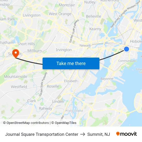 Journal Square Transportation Center to Summit, NJ map