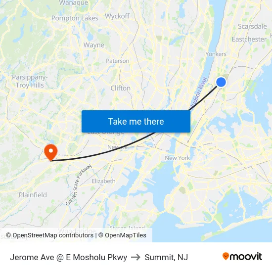 Jerome Ave @ E Mosholu Pkwy to Summit, NJ map