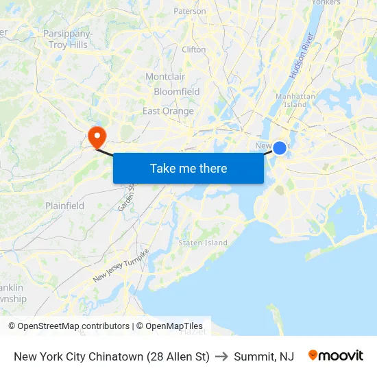New York City Chinatown (28 Allen St) to Summit, NJ map