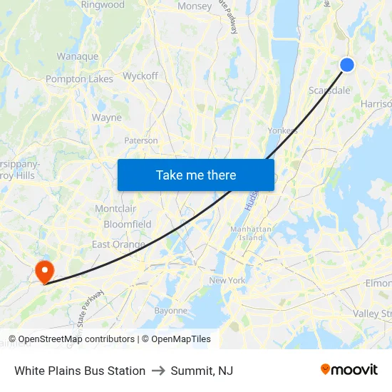 White Plains Bus Station to Summit, NJ map