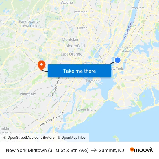 New York Midtown (31st St & 8th Ave) to Summit, NJ map