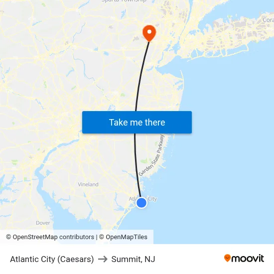 Atlantic City (Caesars) to Summit, NJ map