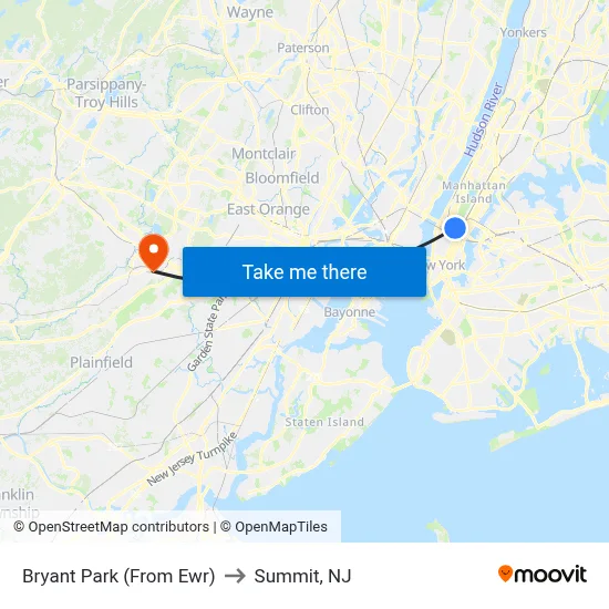 Bryant Park (From Ewr) to Summit, NJ map