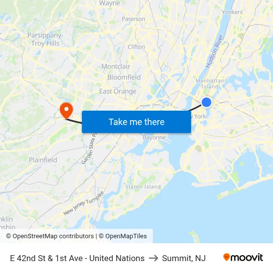 E 42nd St & 1st Ave - United Nations to Summit, NJ map