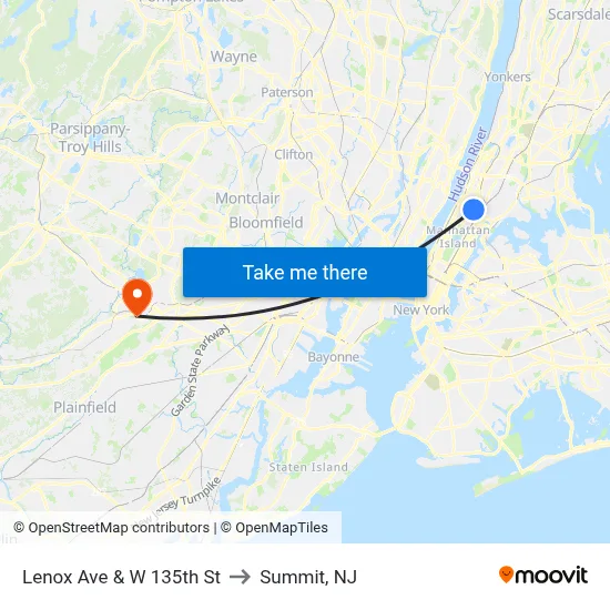 Lenox Ave & W 135th St to Summit, NJ map