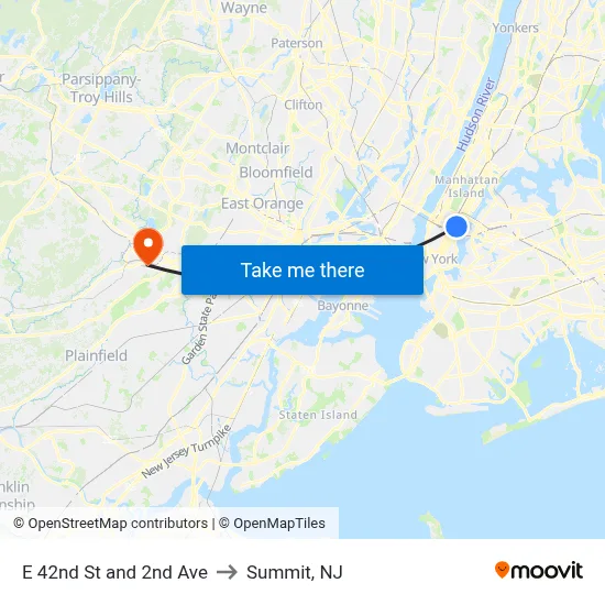 E 42nd St and 2nd Ave to Summit, NJ map