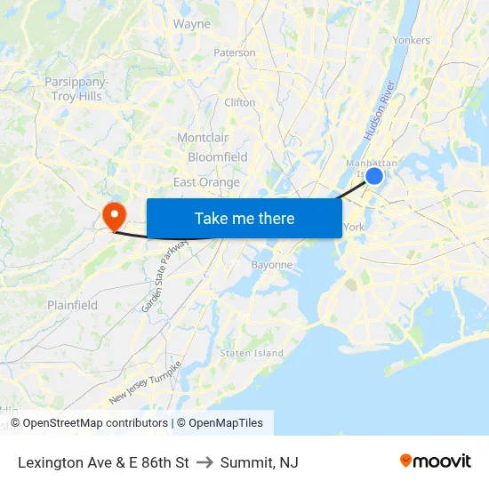 Lexington Ave & E 86th St to Summit, NJ map