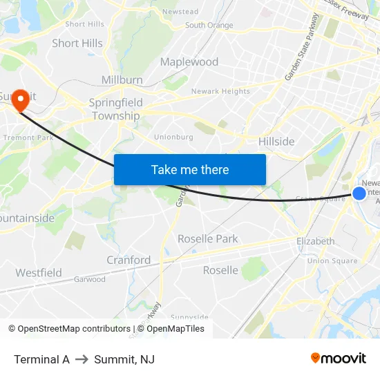 Terminal A to Summit, NJ map