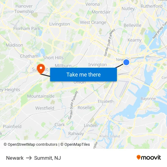 Newark to Summit, NJ map