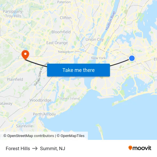 Forest Hills to Summit, NJ map