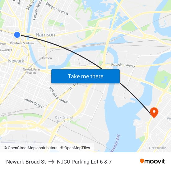 Newark Broad St to NJCU Parking Lot 6 & 7 map