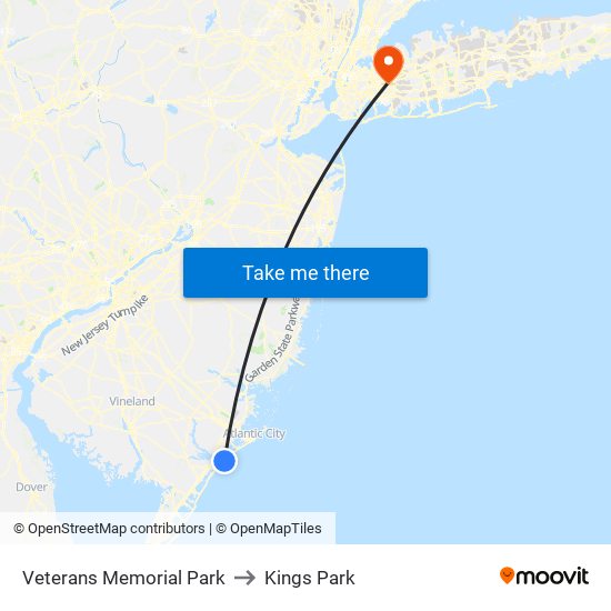 Veterans Memorial Park to Kings Park map